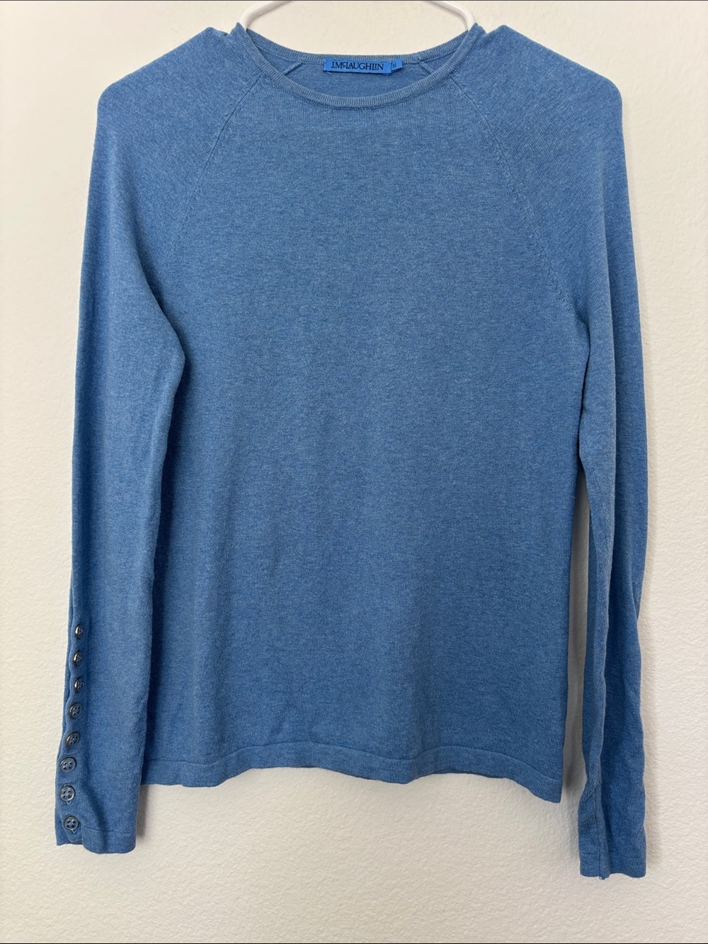 J. McLaughlin Blue Crewneck Sweater with Sleeve Buttons Lightweight Cotton Modal